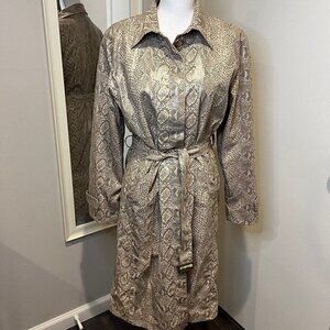 FU DA New York full length Faux snakeskin belted trench coat, Size Large